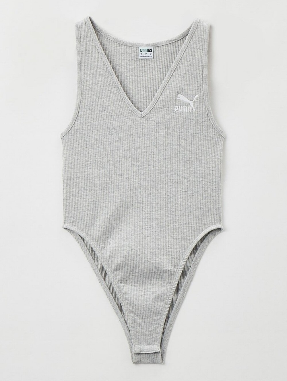 EUC•Puma Deep V-Neck Ribbed Bodysuit Gray Sleeveless Snap Closure Athleisure•M🩶